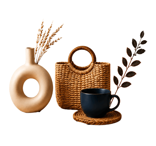 Handmade vase, woven basket bag and ceramic mug styled on linen cloth